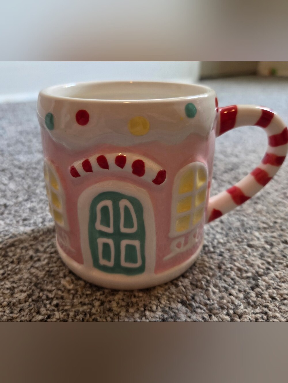 Pink Gingerbread Cottage Ceramic Mug with Candy Cane Handle Christmas